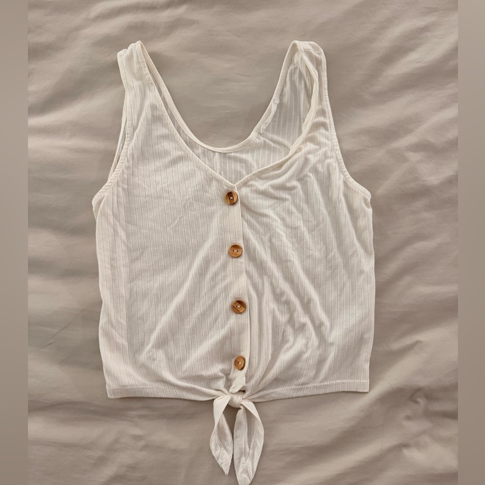 White Ribbed Button-Front Tie Tank Top - Women